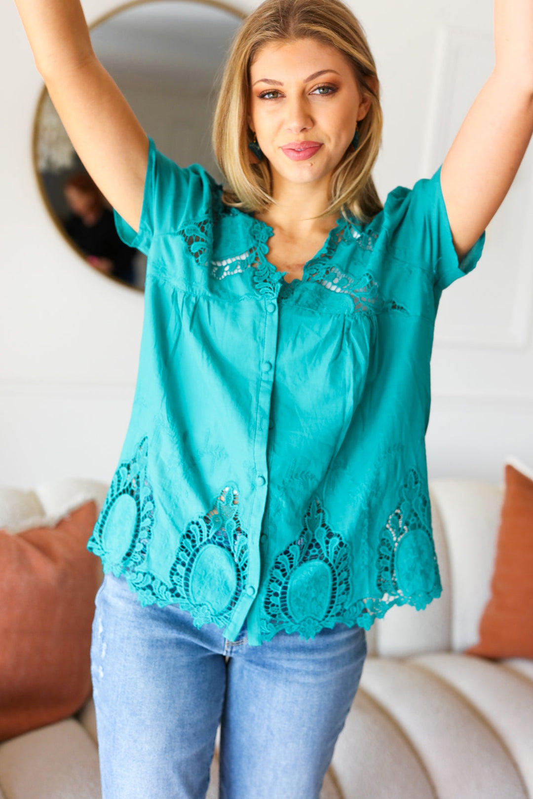 Teal Cotton Embroidered Button Down Cotton Top-Haptics-[option4]-[option5]-[option6]-[option7]-[option8]-Shop-Boutique-Clothing-for-Women-Online