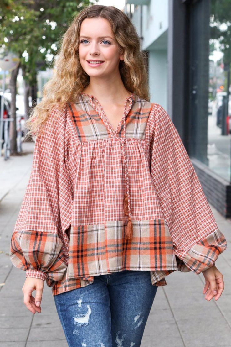 Under Your Spell Rust Plaid Color Block Notch Neck Top-Haptics-[option4]-[option5]-[option6]-[option7]-[option8]-Shop-Boutique-Clothing-for-Women-Online