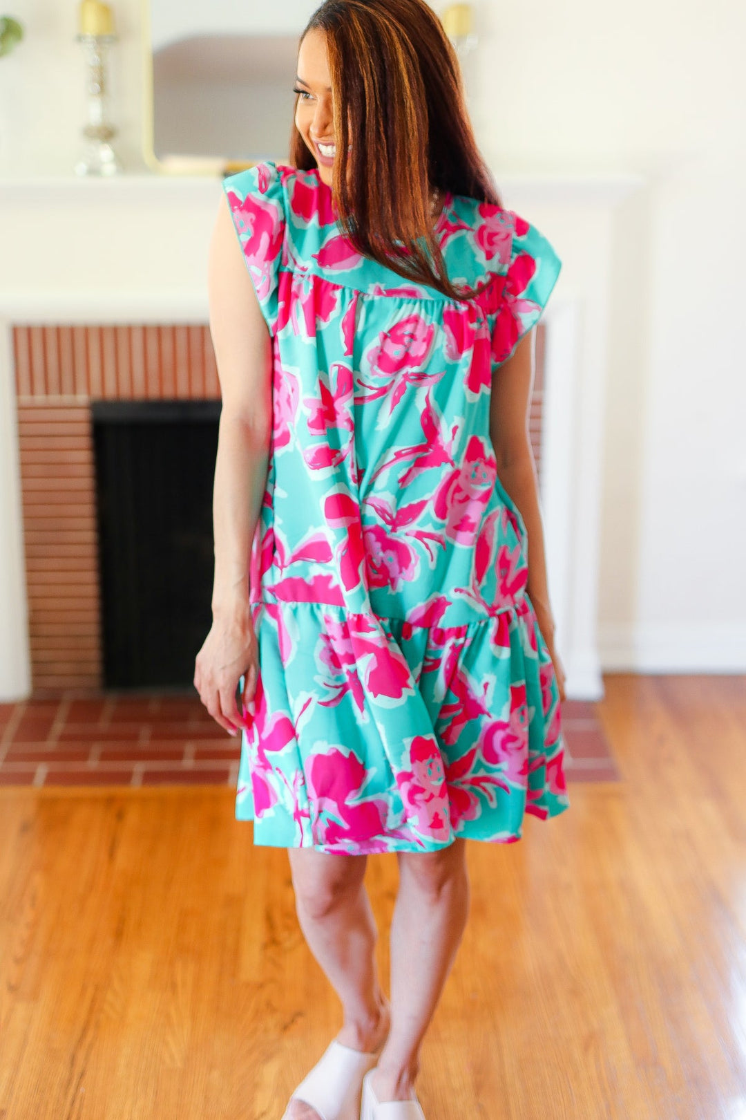 Diva Dreaming Aqua & Fuchsia Floral Print Tiered Ruffle Sleeve Dress-Haptics-[option4]-[option5]-[option6]-[option7]-[option8]-Shop-Boutique-Clothing-for-Women-Online