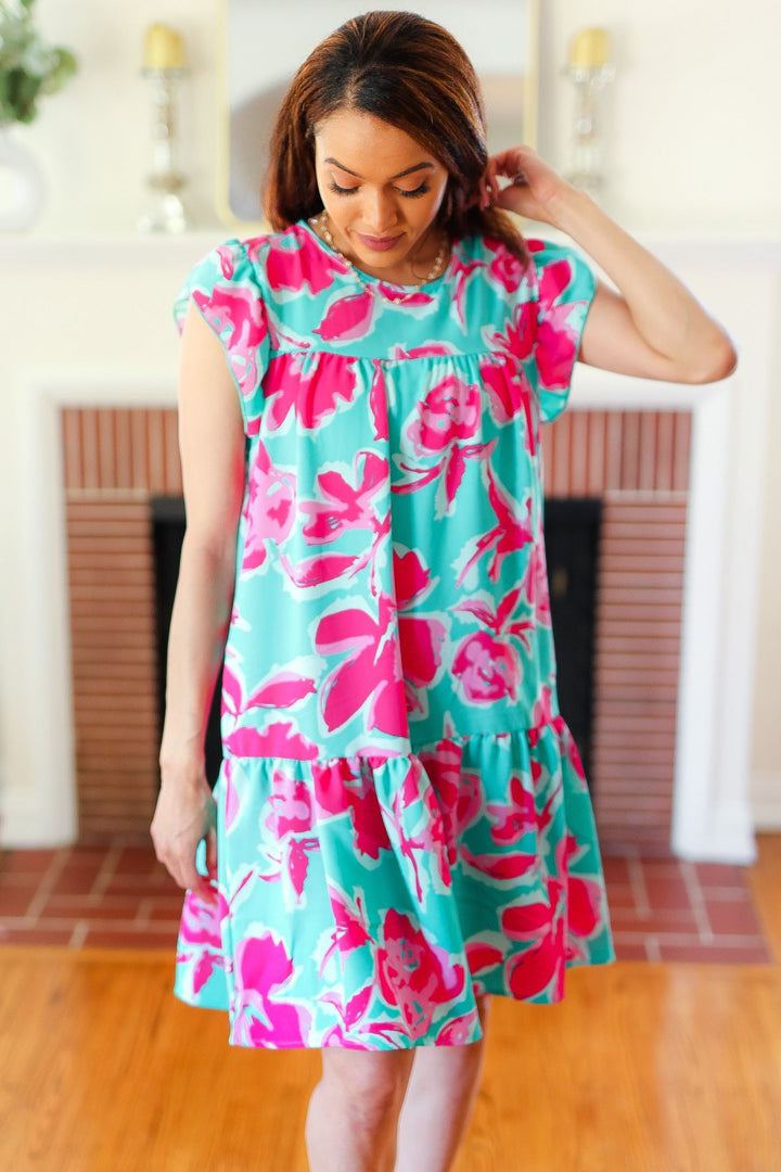 Diva Dreaming Aqua & Fuchsia Floral Print Tiered Ruffle Sleeve Dress-Haptics-[option4]-[option5]-[option6]-[option7]-[option8]-Shop-Boutique-Clothing-for-Women-Online