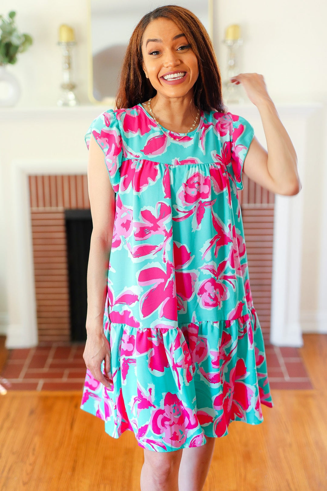 Diva Dreaming Aqua & Fuchsia Floral Print Tiered Ruffle Sleeve Dress-Haptics-[option4]-[option5]-[option6]-[option7]-[option8]-Shop-Boutique-Clothing-for-Women-Online