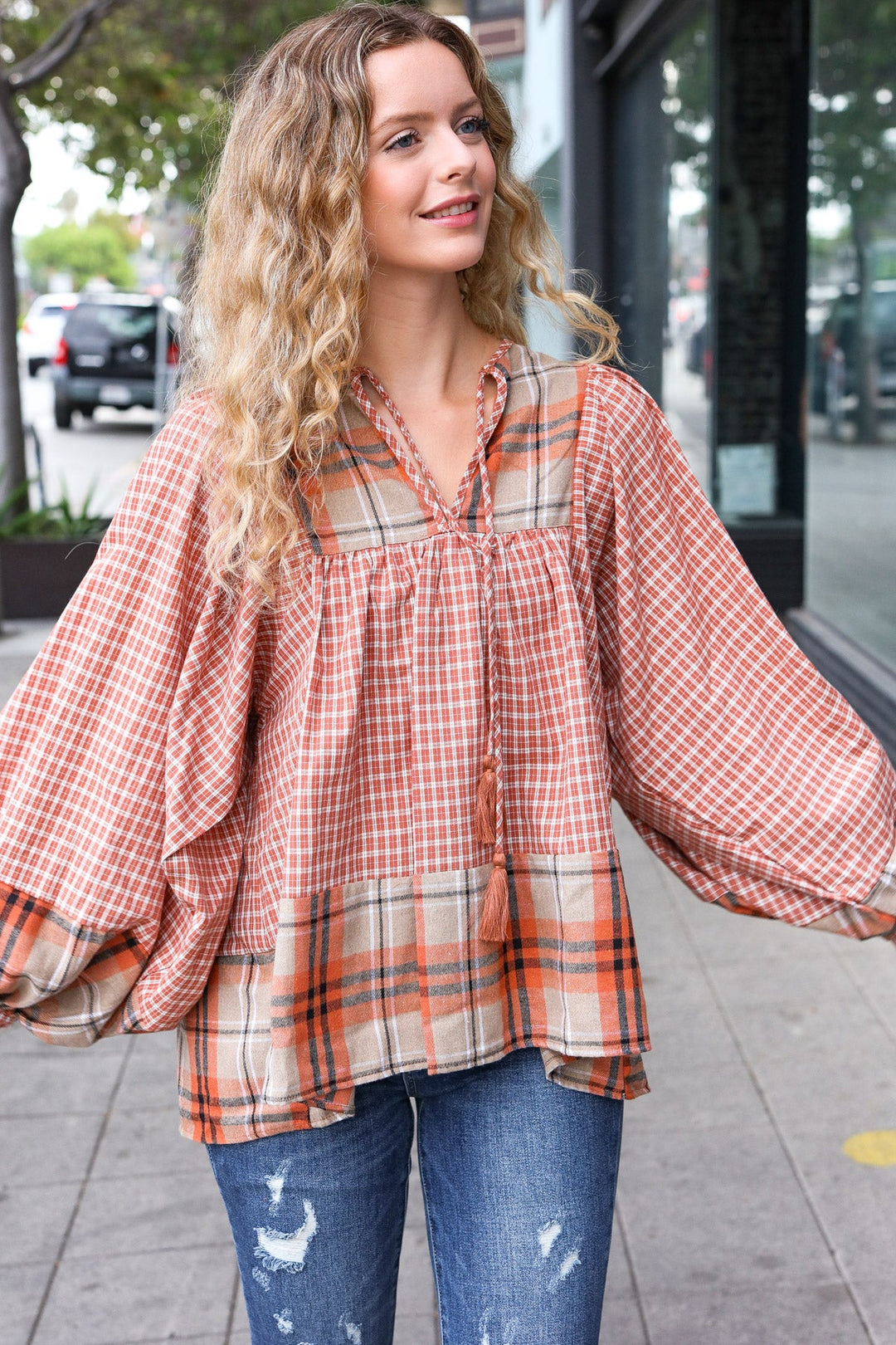 Under Your Spell Rust Plaid Color Block Notch Neck Top-Haptics-[option4]-[option5]-[option6]-[option7]-[option8]-Shop-Boutique-Clothing-for-Women-Online