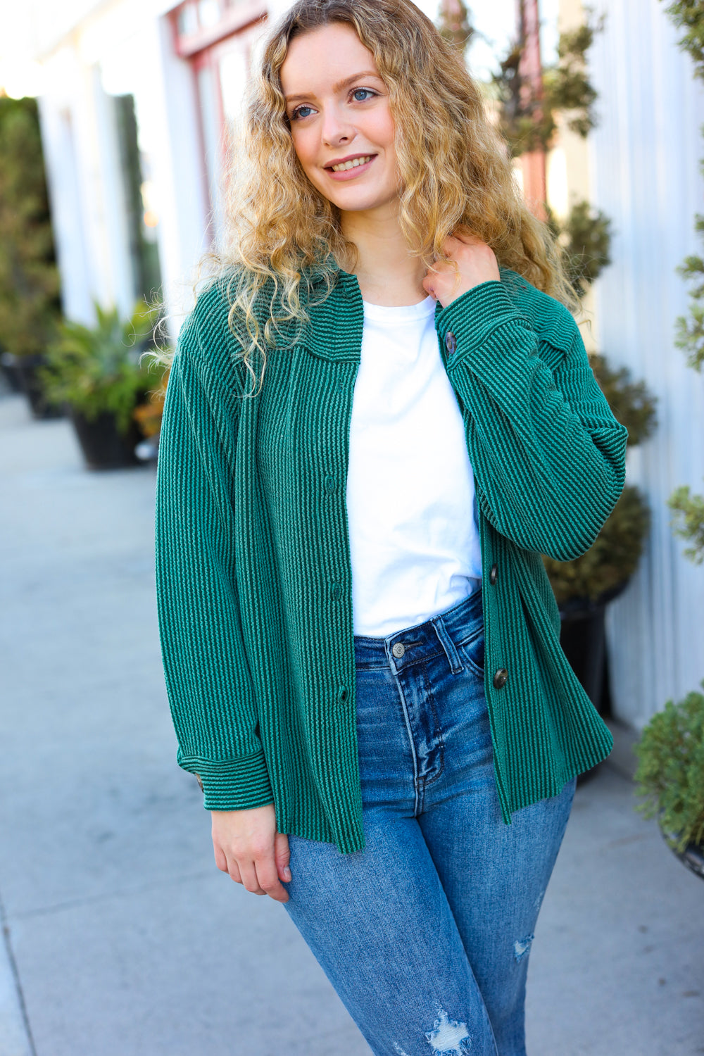Holiday Pine Green Ribbed Button Down Shacket-Bloom 2023 Winter Sale-[option4]-[option5]-[option6]-[option7]-[option8]-Shop-Boutique-Clothing-for-Women-Online