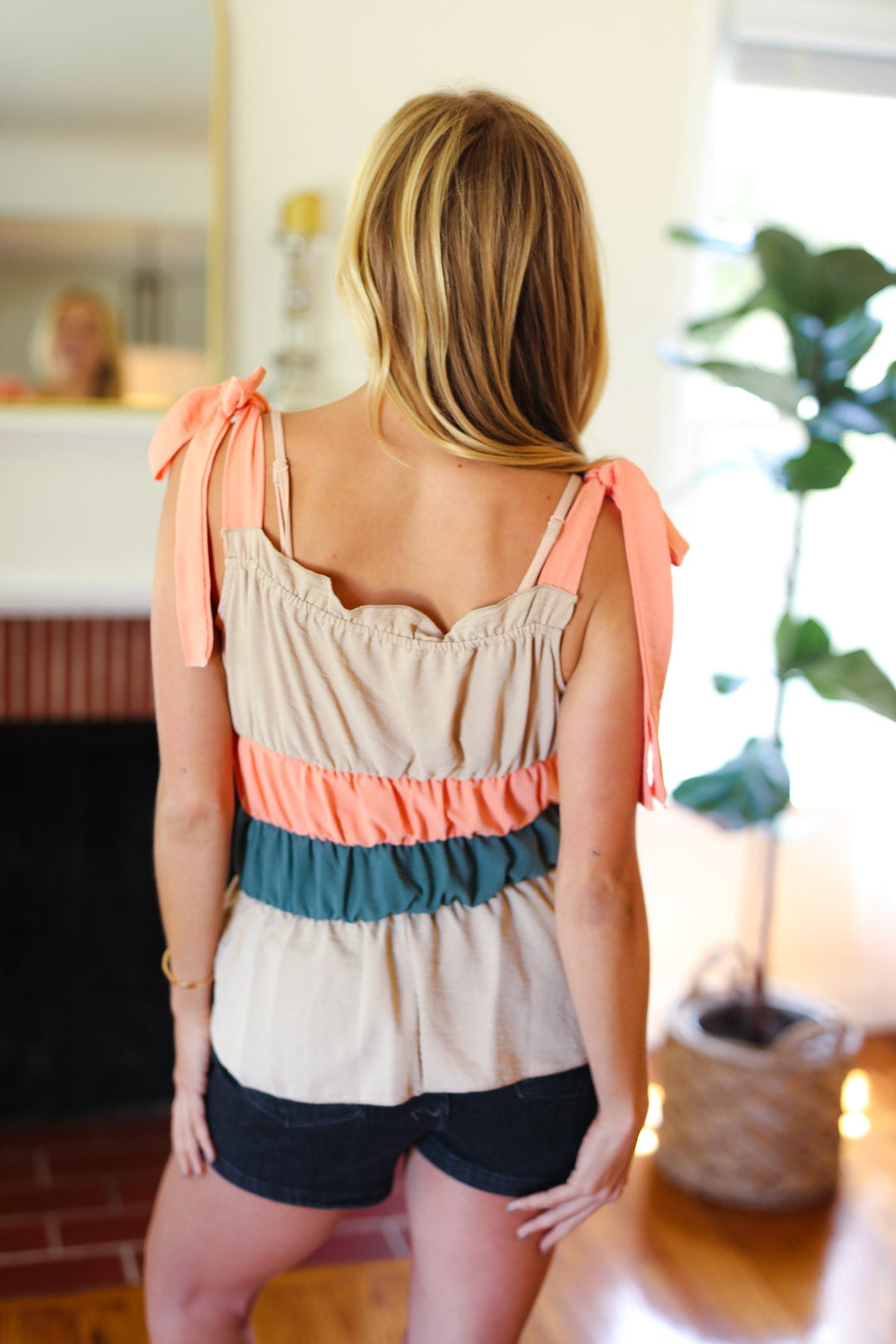 Peach Tie Knot Shoulder Detail Color Block Top-Sugarfox-[option4]-[option5]-[option6]-[option7]-[option8]-Shop-Boutique-Clothing-for-Women-Online