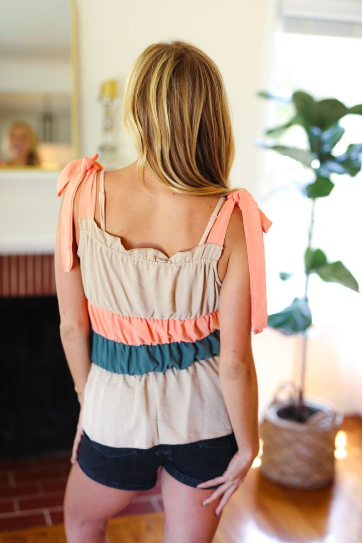 Peach Tie Knot Shoulder Detail Color Block Top-Sugarfox-[option4]-[option5]-[option6]-[option7]-[option8]-Shop-Boutique-Clothing-for-Women-Online