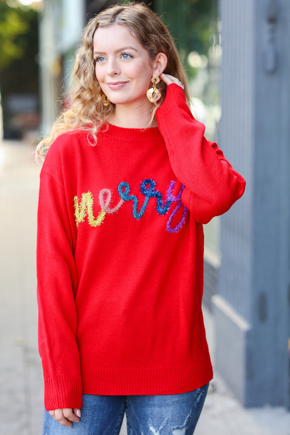 Haptics More The Merrier Red Pop Up Lurex Sweater-Bloom 2023 Winter Sale-[option4]-[option5]-[option6]-[option7]-[option8]-Shop-Boutique-Clothing-for-Women-Online