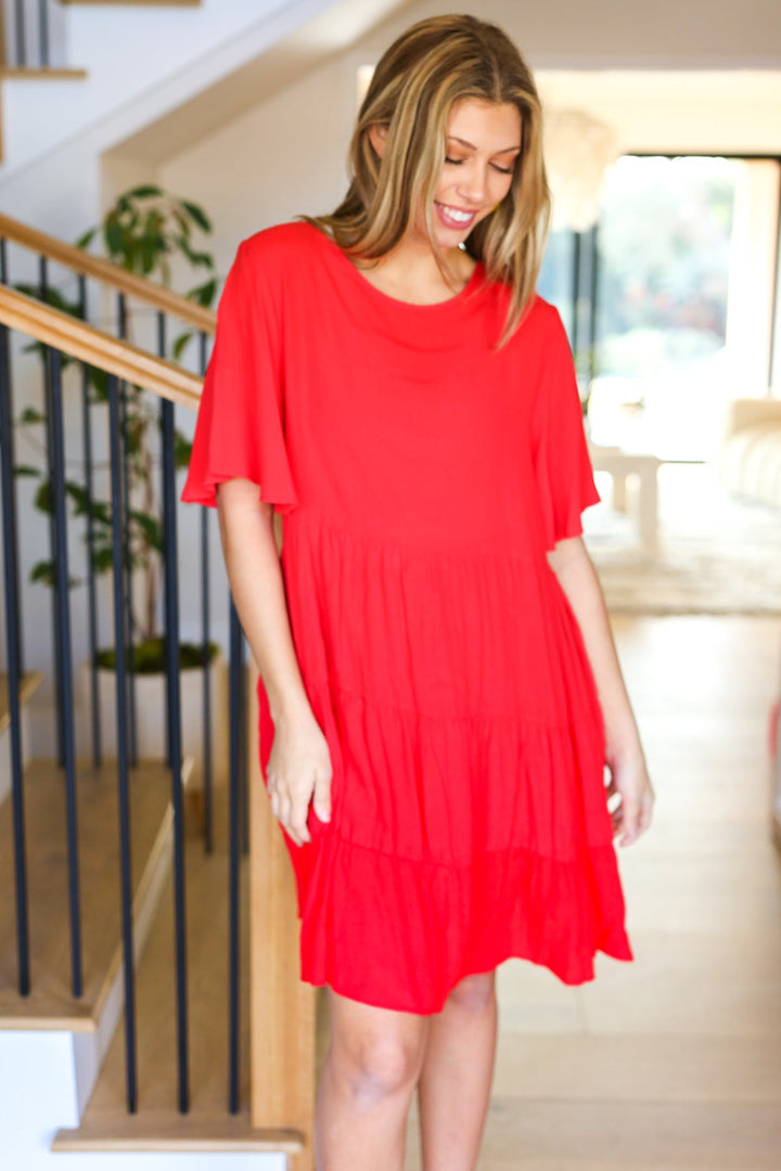 Feeling Bold Red Woven Panel Tiered Fluter Sleeve Dress-Haptics-[option4]-[option5]-[option6]-[option7]-[option8]-Shop-Boutique-Clothing-for-Women-Online