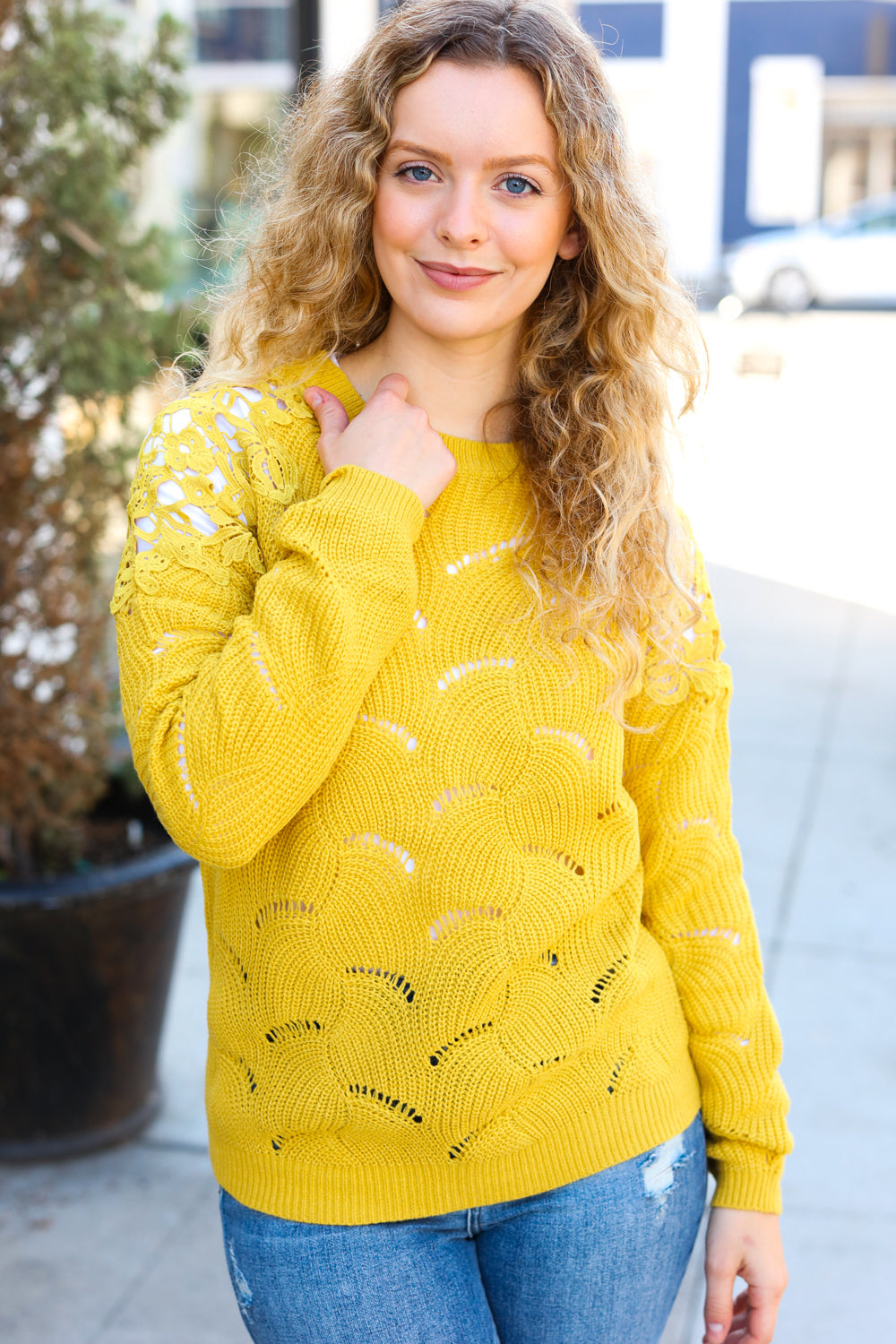 Feeling Fun Mustard Pointelle Lace Shoulder Knit Sweater-Bloom 2023 Winter Sale-[option4]-[option5]-[option6]-[option7]-[option8]-Shop-Boutique-Clothing-for-Women-Online