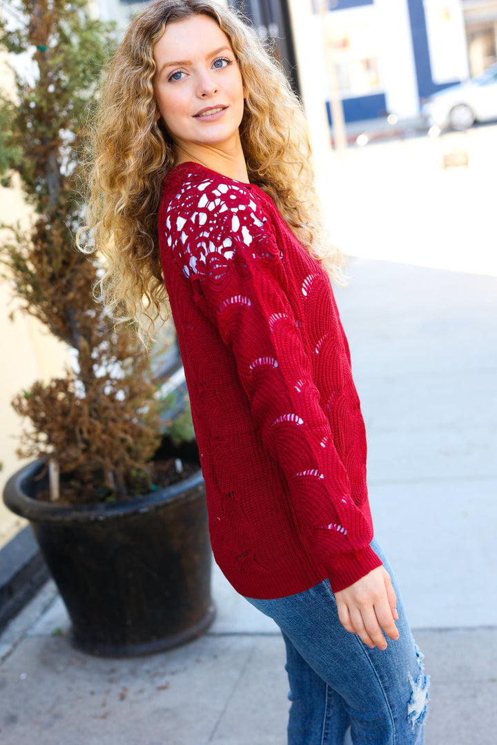 Casual Chic Burgundy Pointelle Lace Shoulder Knit Sweater-BIBI-[option4]-[option5]-[option6]-[option7]-[option8]-Shop-Boutique-Clothing-for-Women-Online