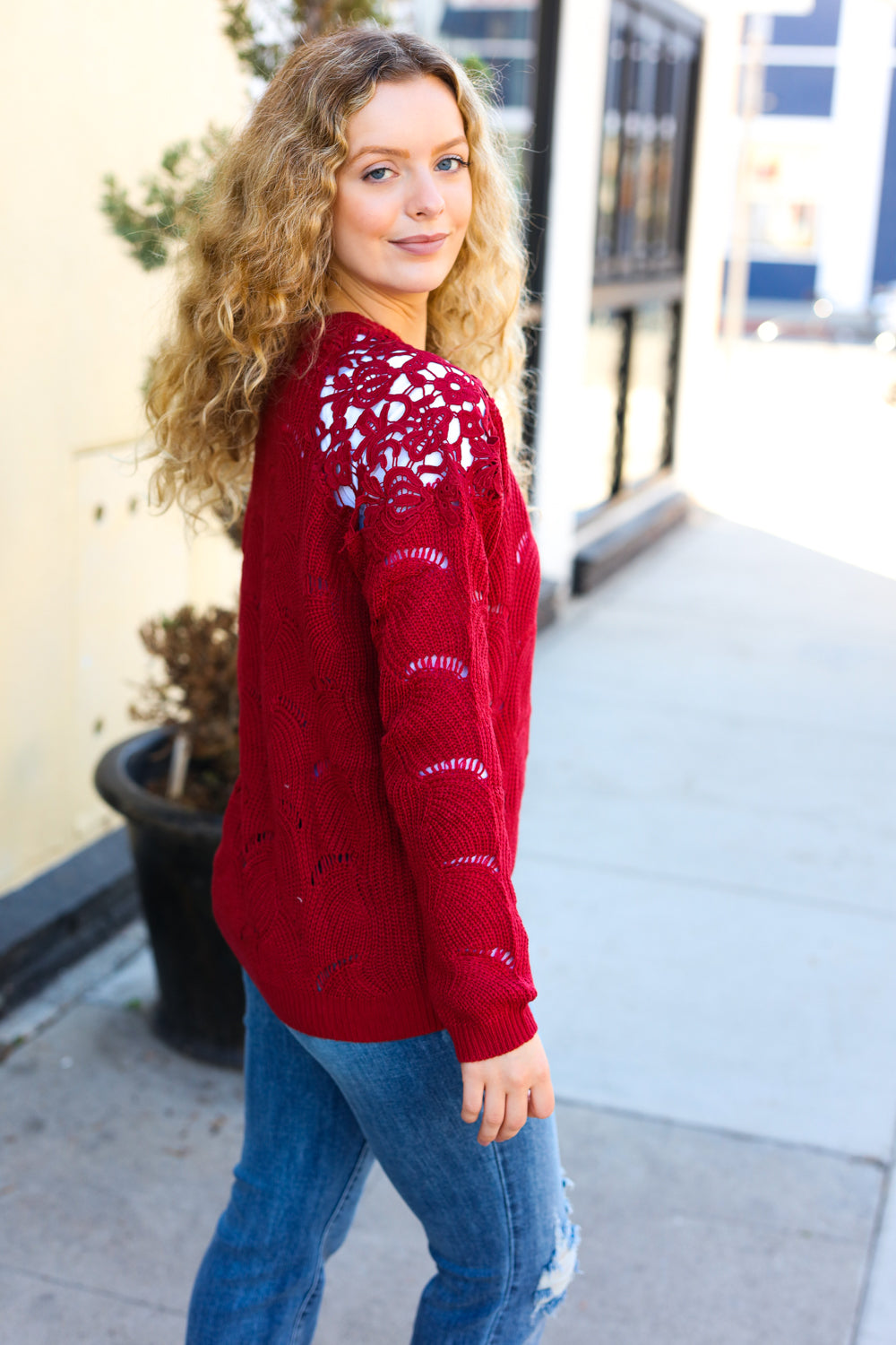 Casual Chic Burgundy Pointelle Lace Shoulder Knit Sweater-BIBI-[option4]-[option5]-[option6]-[option7]-[option8]-Shop-Boutique-Clothing-for-Women-Online