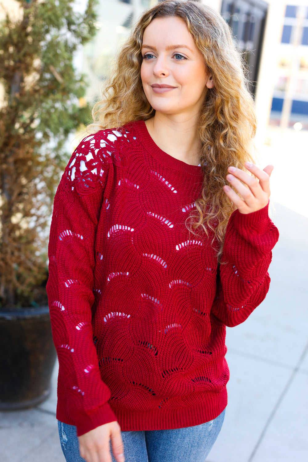 Casual Chic Burgundy Pointelle Lace Shoulder Knit Sweater-BIBI-[option4]-[option5]-[option6]-[option7]-[option8]-Shop-Boutique-Clothing-for-Women-Online