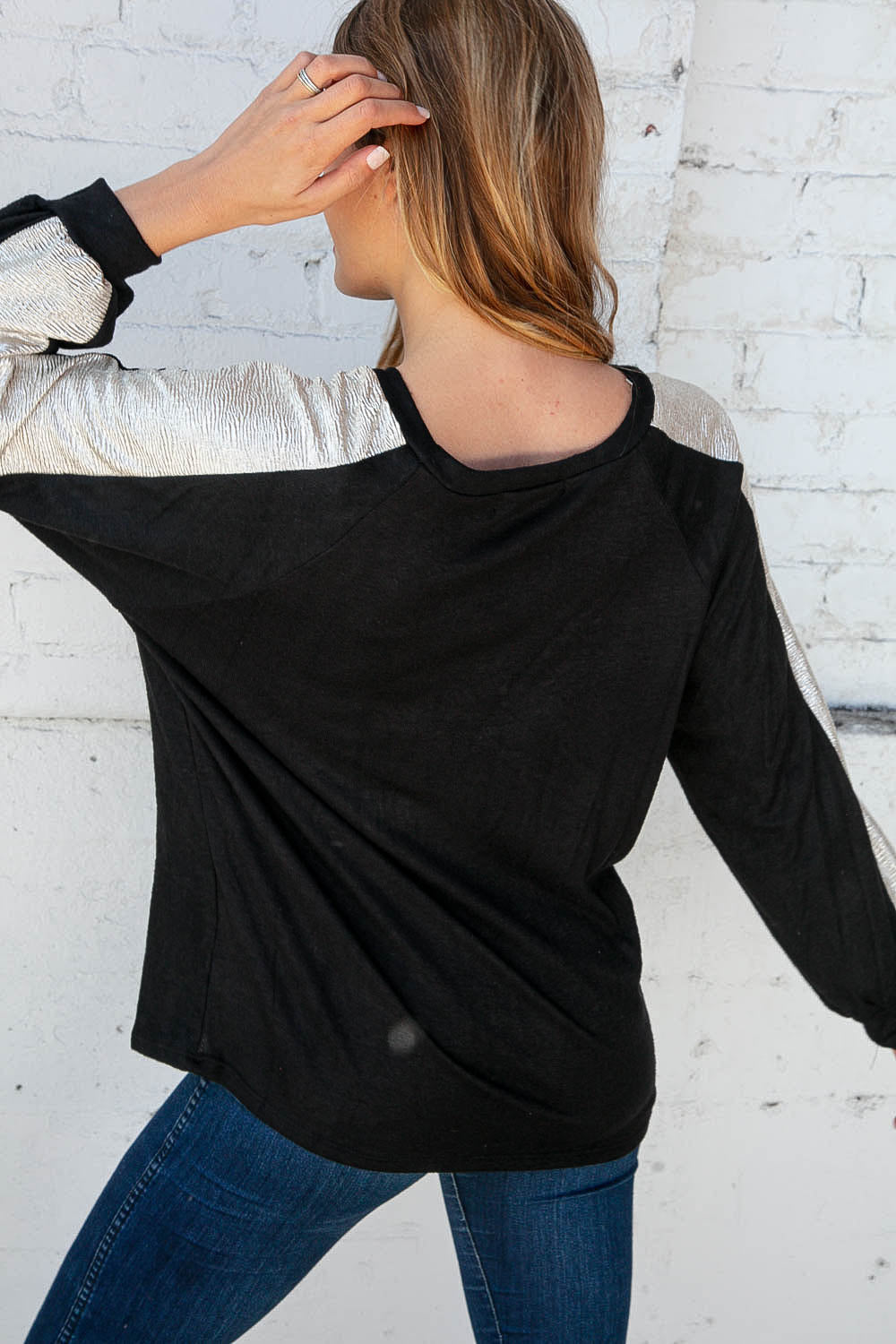 Haptics Black Cashmere Feel Shimmer Foil Long Sleeve Raglan-Haptics-[option4]-[option5]-[option6]-[option7]-[option8]-Shop-Boutique-Clothing-for-Women-Online
