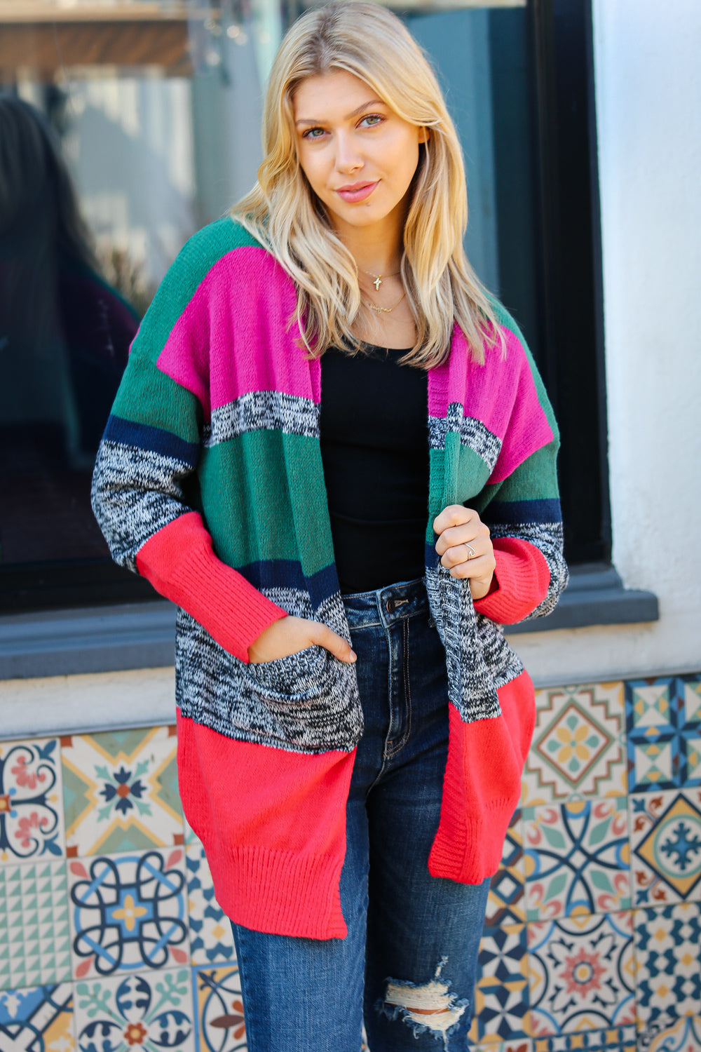 Haptics Face The Day Magenta & Hunter Green Two Tone Cardigan-Haptics-[option4]-[option5]-[option6]-[option7]-[option8]-Shop-Boutique-Clothing-for-Women-Online