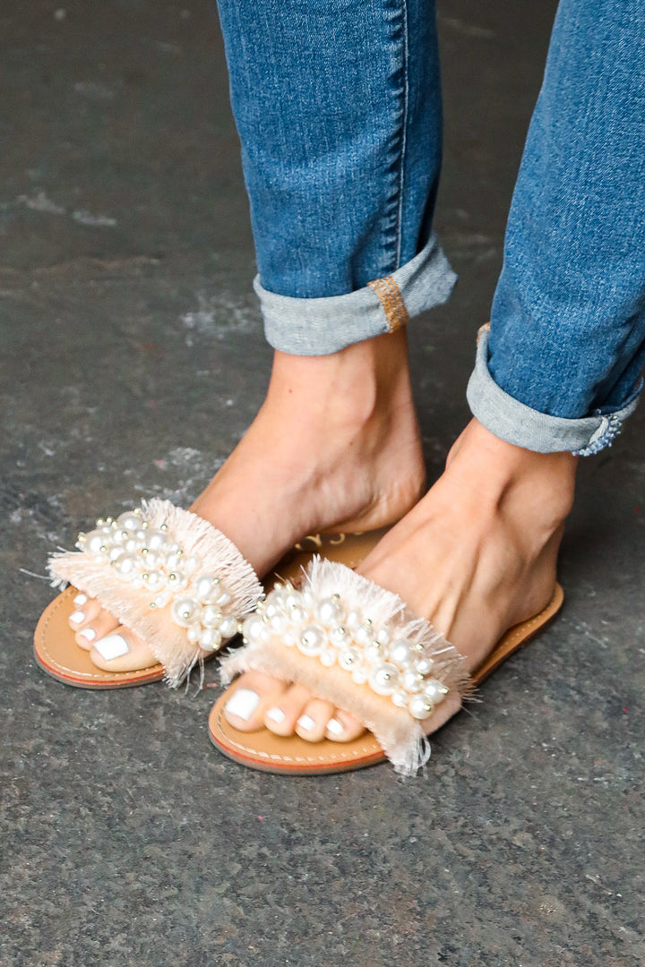 Blush Linen Fray Beaded Faux Pearl Slide Sandal-CCOCCI-[option4]-[option5]-[option6]-[option7]-[option8]-Shop-Boutique-Clothing-for-Women-Online