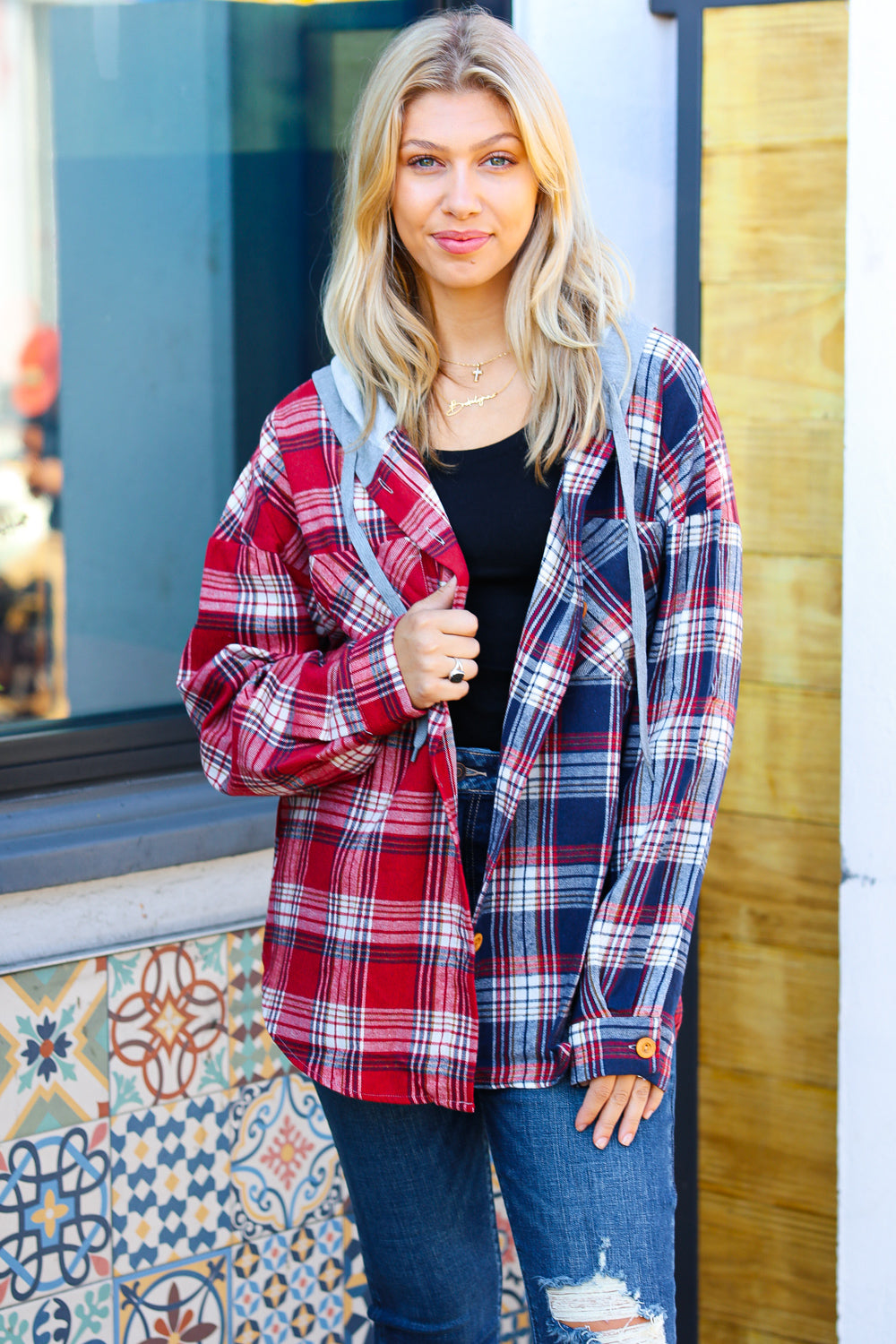 Haptics Face the Day Red/Navy Plaid Color Block Hoodie Shacket-Haptics-[option4]-[option5]-[option6]-[option7]-[option8]-Shop-Boutique-Clothing-for-Women-Online