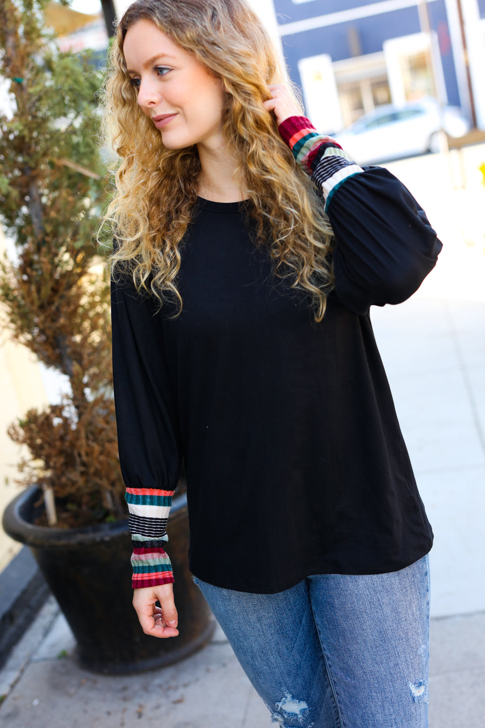 Black Multicolor Stripe Banded Puff Sleeve Top-Haptics-[option4]-[option5]-[option6]-[option7]-[option8]-Shop-Boutique-Clothing-for-Women-Online