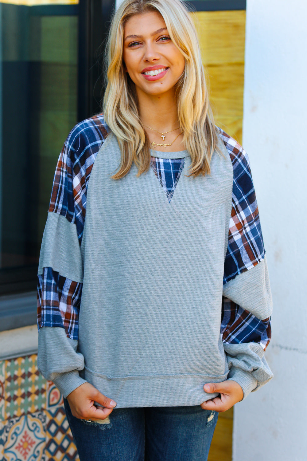 Haptics Face The Day Grey/Navy Plaid Thermal Raglan Pullover-Haptics-[option4]-[option5]-[option6]-[option7]-[option8]-Shop-Boutique-Clothing-for-Women-Online