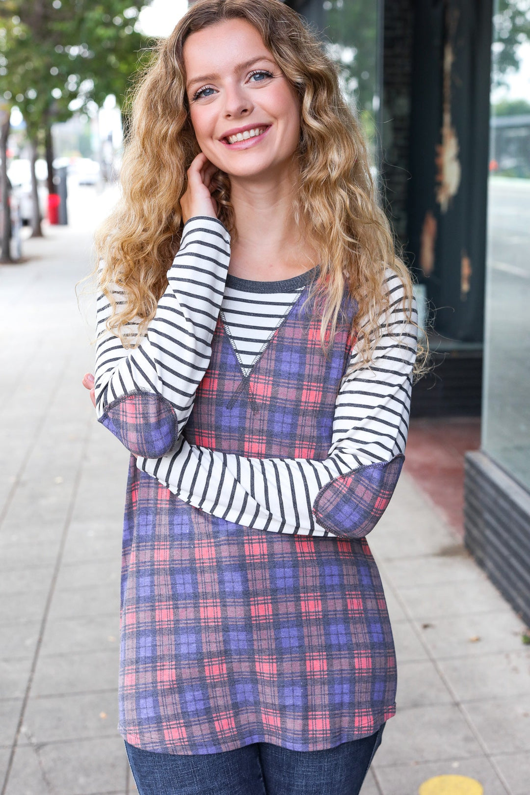 Feeling Playful Plaid/Stripe Outseam Stitch Elbow Patch Pullover-7th Ray-[option4]-[option5]-[option6]-[option7]-[option8]-Shop-Boutique-Clothing-for-Women-Online