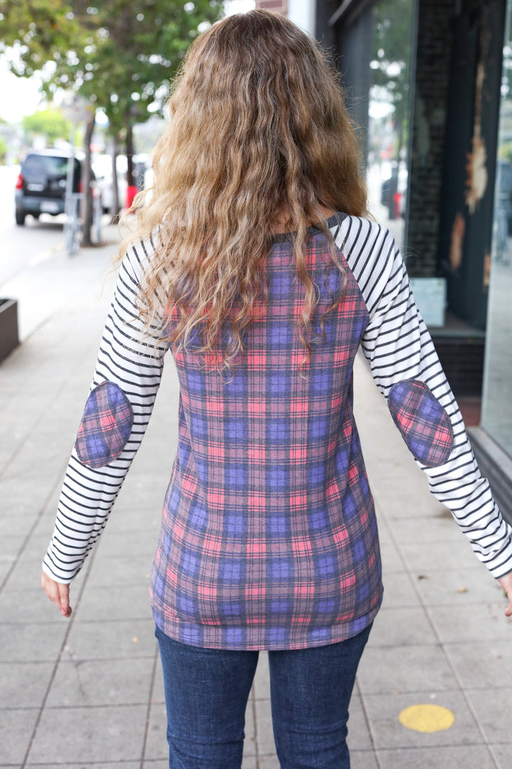 Feeling Playful Plaid/Stripe Outseam Stitch Elbow Patch Pullover-7th Ray-[option4]-[option5]-[option6]-[option7]-[option8]-Shop-Boutique-Clothing-for-Women-Online