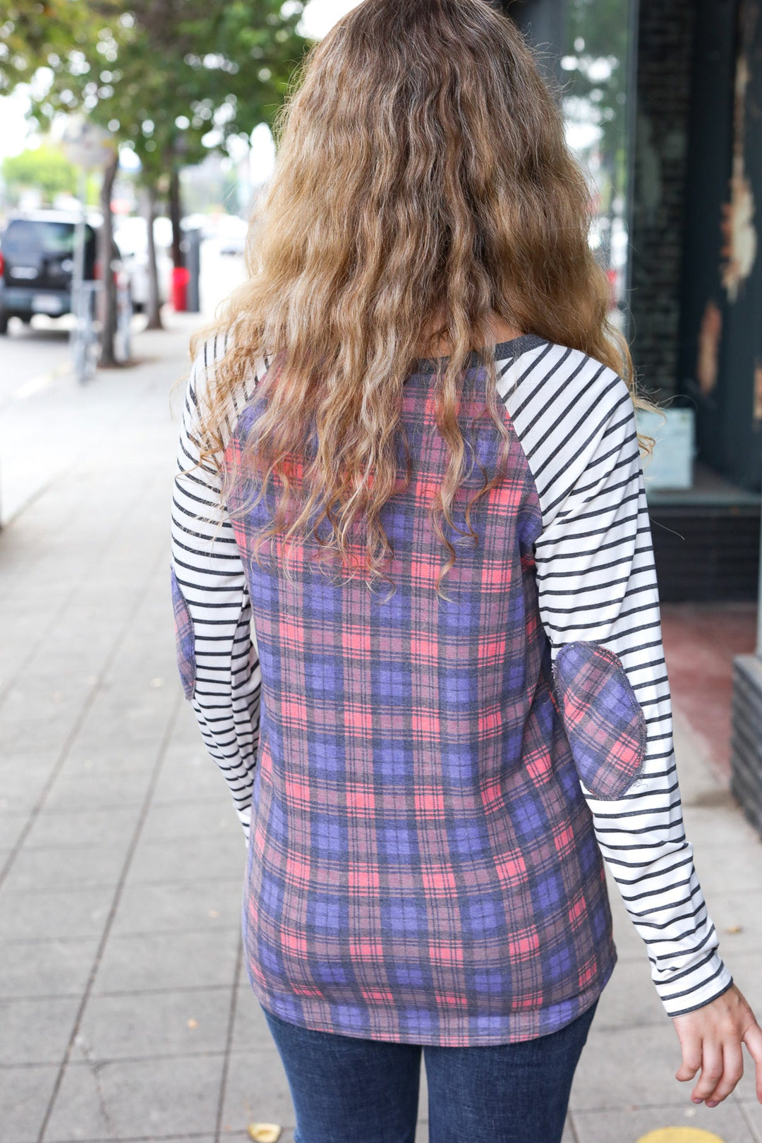 Feeling Playful Plaid/Stripe Outseam Stitch Elbow Patch Pullover-7th Ray-[option4]-[option5]-[option6]-[option7]-[option8]-Shop-Boutique-Clothing-for-Women-Online