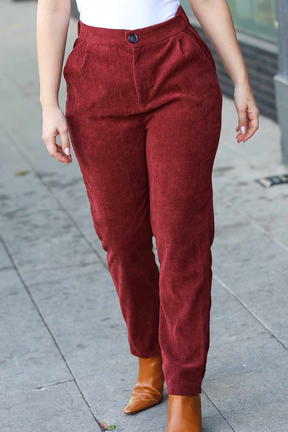 Zenana Going Your Way Burgundy Corduroy High Rise Tapered Pants-Zenana-[option4]-[option5]-[option6]-[option7]-[option8]-Shop-Boutique-Clothing-for-Women-Online