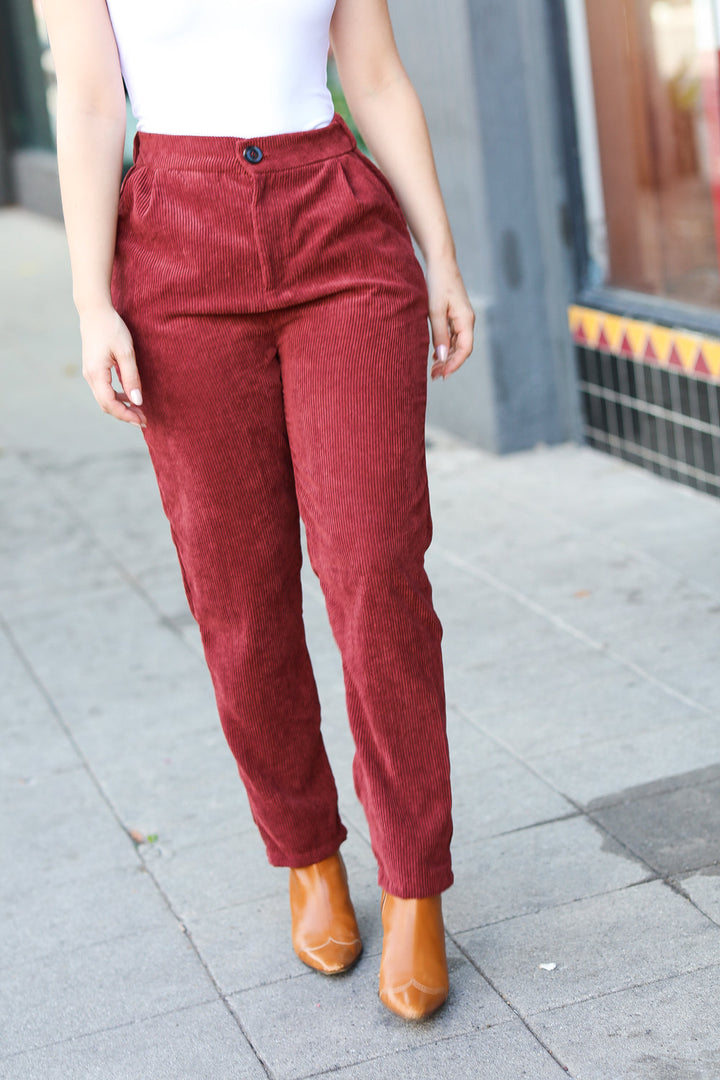 Zenana Going Your Way Burgundy Corduroy High Rise Tapered Pants-Zenana-[option4]-[option5]-[option6]-[option7]-[option8]-Shop-Boutique-Clothing-for-Women-Online