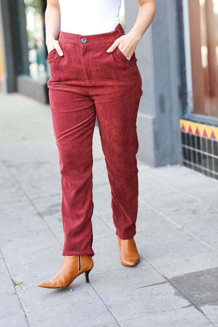 Zenana Going Your Way Burgundy Corduroy High Rise Tapered Pants-Zenana-[option4]-[option5]-[option6]-[option7]-[option8]-Shop-Boutique-Clothing-for-Women-Online