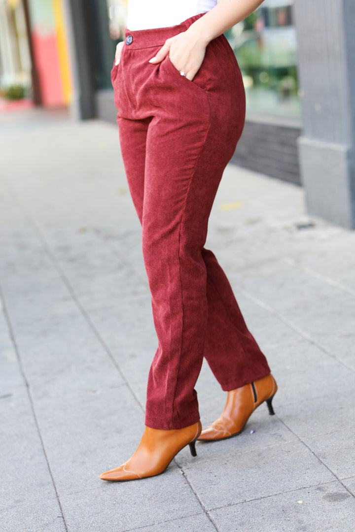 Zenana Going Your Way Burgundy Corduroy High Rise Tapered Pants-Zenana-[option4]-[option5]-[option6]-[option7]-[option8]-Shop-Boutique-Clothing-for-Women-Online