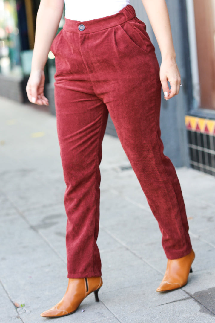 Zenana Going Your Way Burgundy Corduroy High Rise Tapered Pants-Zenana-[option4]-[option5]-[option6]-[option7]-[option8]-Shop-Boutique-Clothing-for-Women-Online