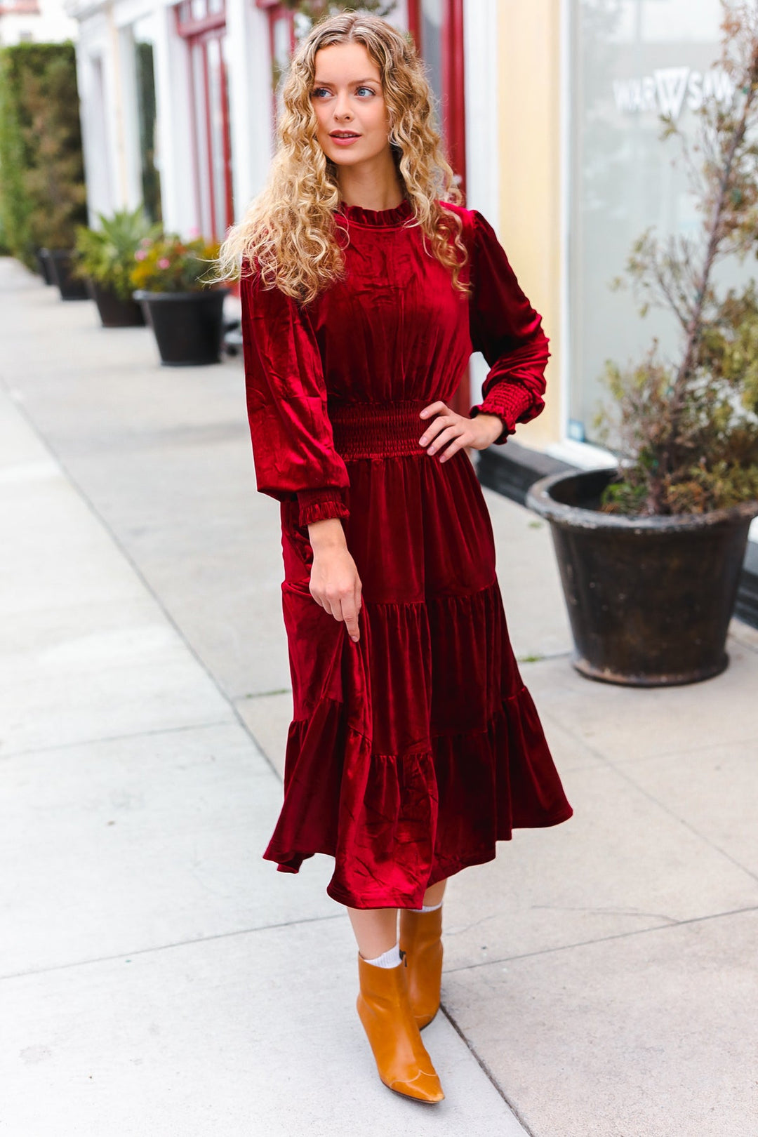 Holiday Dreaming Burgundy Velvet Mock Neck Smocked Waist Dress-Haptics-[option4]-[option5]-[option6]-[option7]-[option8]-Shop-Boutique-Clothing-for-Women-Online