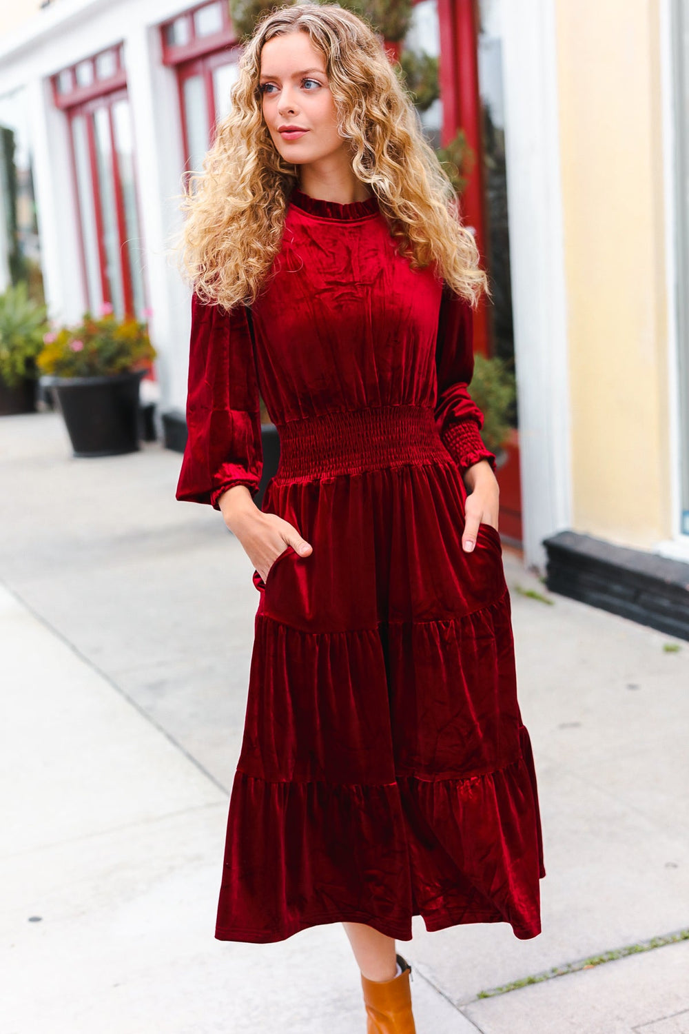 Holiday Dreaming Burgundy Velvet Mock Neck Smocked Waist Dress-Haptics-[option4]-[option5]-[option6]-[option7]-[option8]-Shop-Boutique-Clothing-for-Women-Online