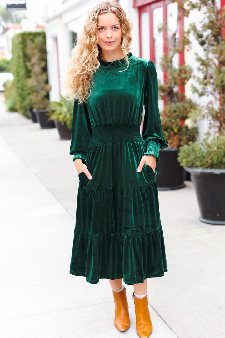 Holiday Dreaming Hunter Green Velvet Mock Neck Smocked Waist Dress-Haptics-[option4]-[option5]-[option6]-[option7]-[option8]-Shop-Boutique-Clothing-for-Women-Online