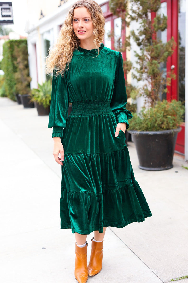 Holiday Dreaming Hunter Green Velvet Mock Neck Smocked Waist Dress-Haptics-[option4]-[option5]-[option6]-[option7]-[option8]-Shop-Boutique-Clothing-for-Women-Online