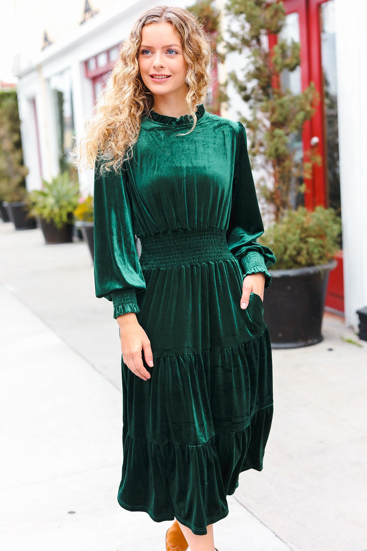 Holiday Dreaming Hunter Green Velvet Mock Neck Smocked Waist Dress-Haptics-[option4]-[option5]-[option6]-[option7]-[option8]-Shop-Boutique-Clothing-for-Women-Online