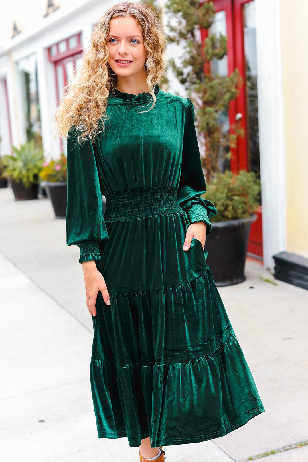 Holiday Dreaming Hunter Green Velvet Mock Neck Smocked Waist Dress-Haptics-[option4]-[option5]-[option6]-[option7]-[option8]-Shop-Boutique-Clothing-for-Women-Online