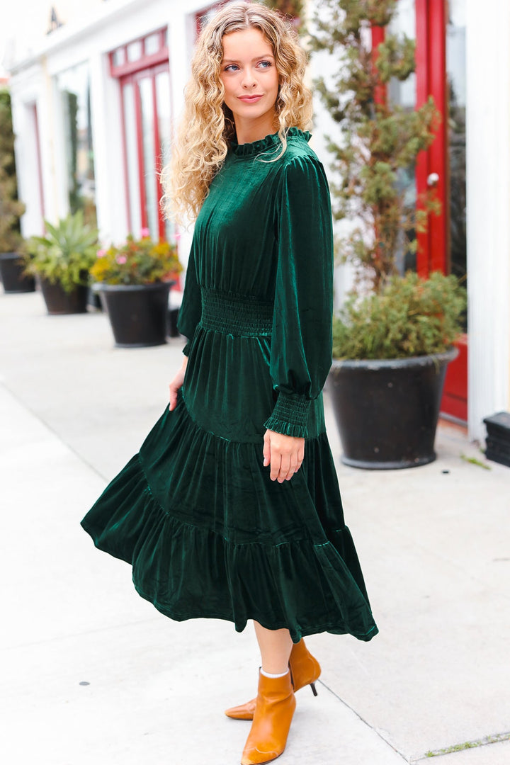 Holiday Dreaming Hunter Green Velvet Mock Neck Smocked Waist Dress-Haptics-[option4]-[option5]-[option6]-[option7]-[option8]-Shop-Boutique-Clothing-for-Women-Online