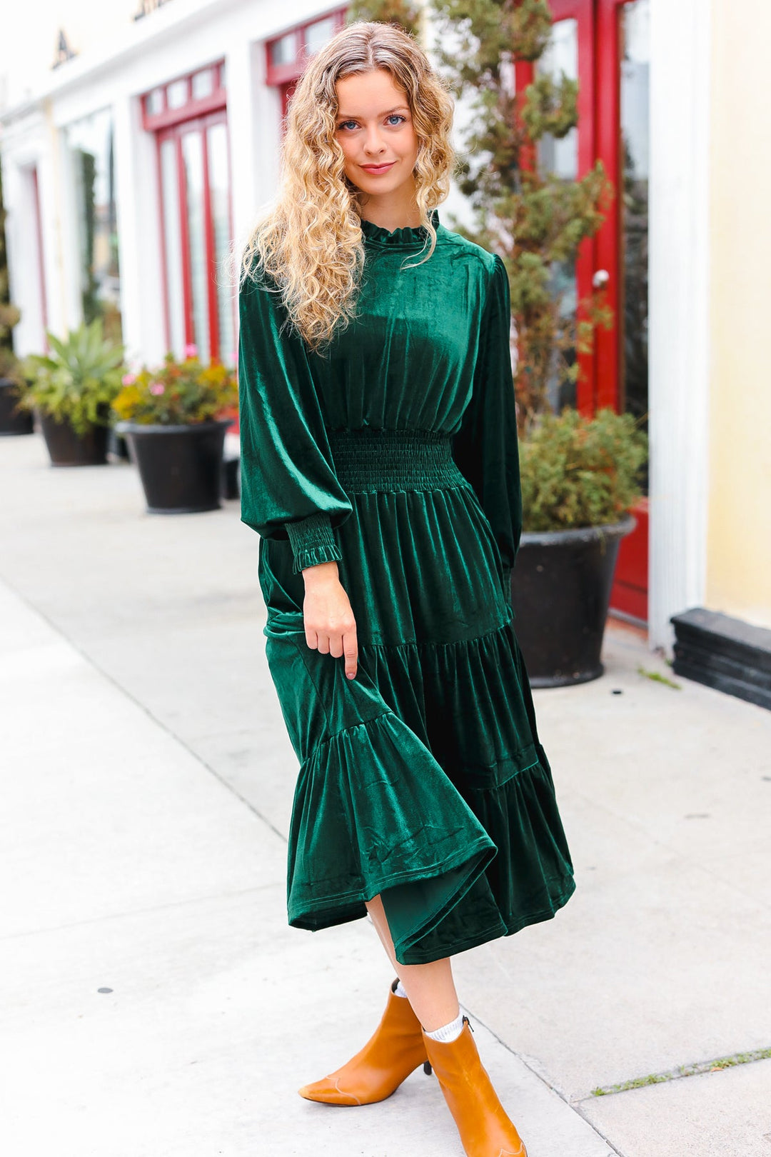 Holiday Dreaming Hunter Green Velvet Mock Neck Smocked Waist Dress-Haptics-[option4]-[option5]-[option6]-[option7]-[option8]-Shop-Boutique-Clothing-for-Women-Online