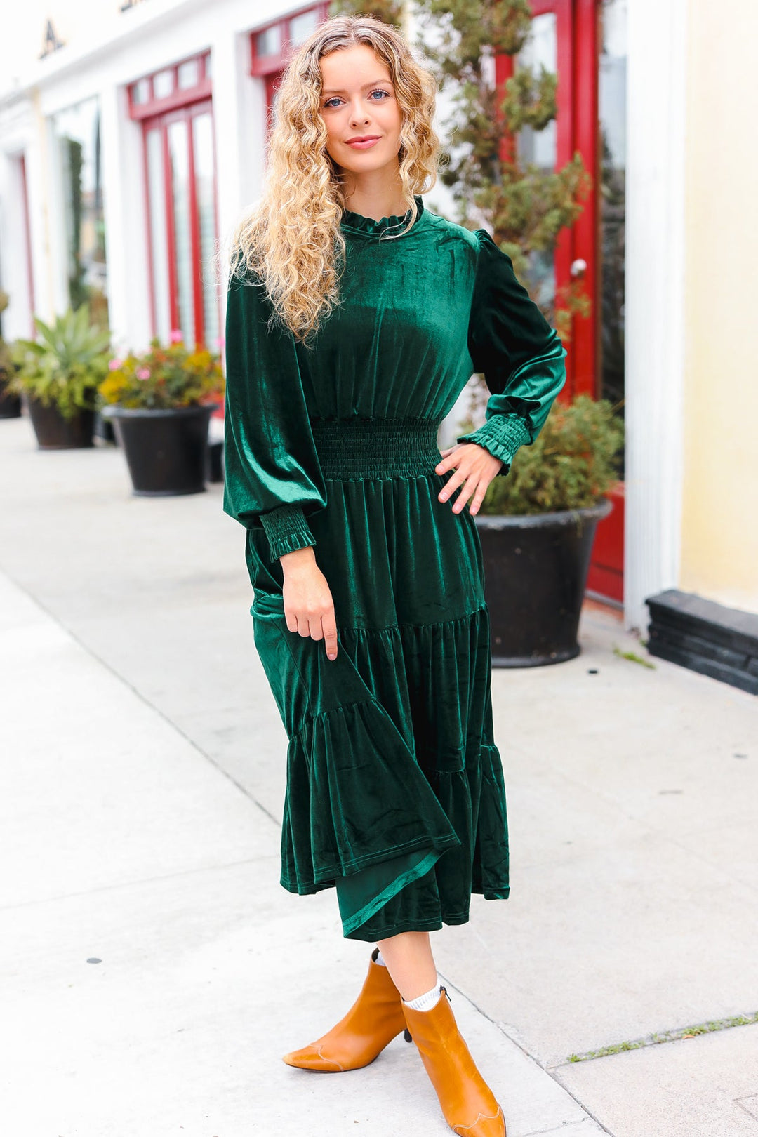 Holiday Dreaming Hunter Green Velvet Mock Neck Smocked Waist Dress-Haptics-[option4]-[option5]-[option6]-[option7]-[option8]-Shop-Boutique-Clothing-for-Women-Online