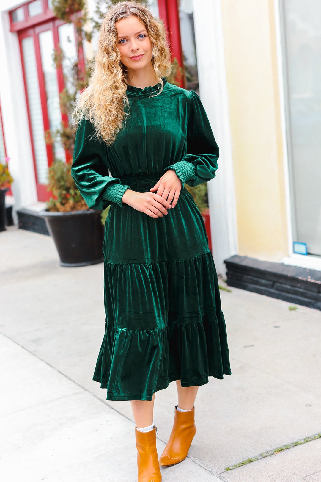 Holiday Dreaming Hunter Green Velvet Mock Neck Smocked Waist Dress-Haptics-[option4]-[option5]-[option6]-[option7]-[option8]-Shop-Boutique-Clothing-for-Women-Online