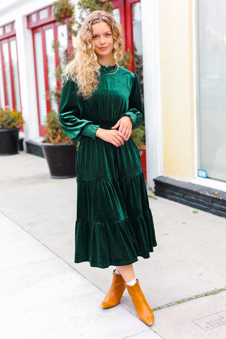 Holiday Dreaming Hunter Green Velvet Mock Neck Smocked Waist Dress-Haptics-[option4]-[option5]-[option6]-[option7]-[option8]-Shop-Boutique-Clothing-for-Women-Online