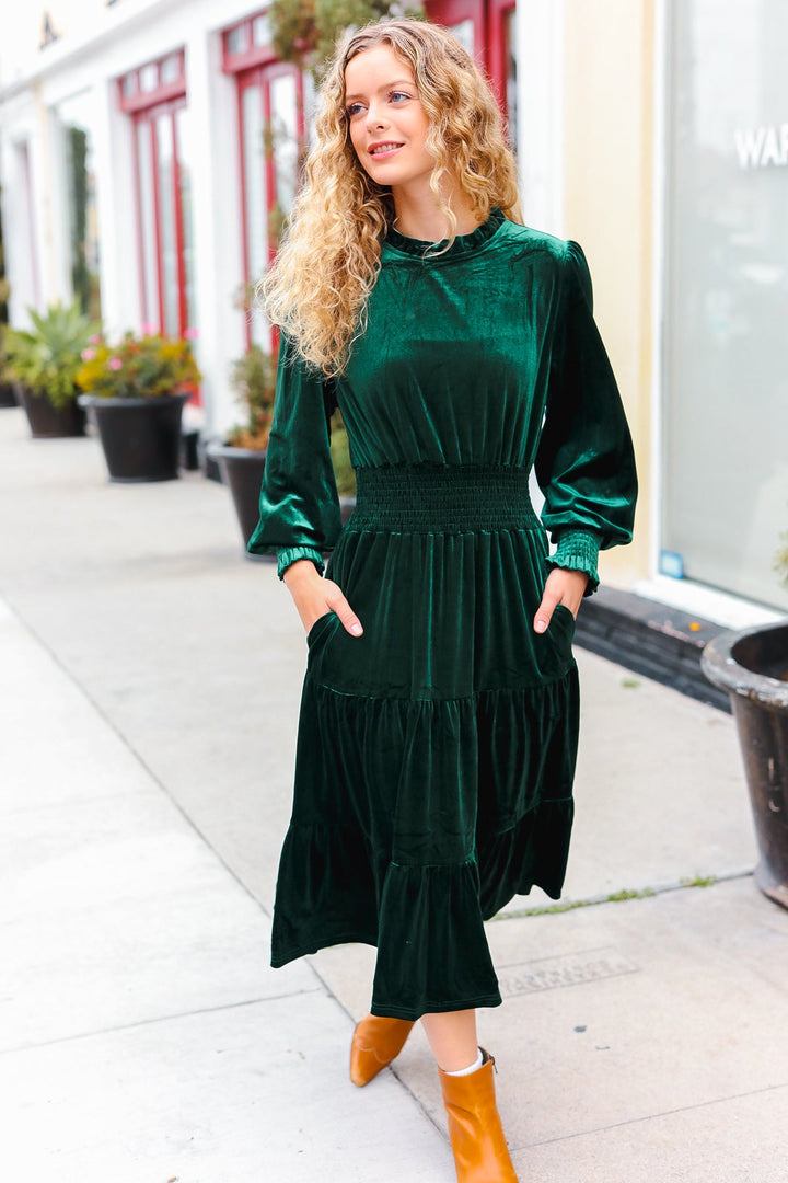 Holiday Dreaming Hunter Green Velvet Mock Neck Smocked Waist Dress-Haptics-[option4]-[option5]-[option6]-[option7]-[option8]-Shop-Boutique-Clothing-for-Women-Online