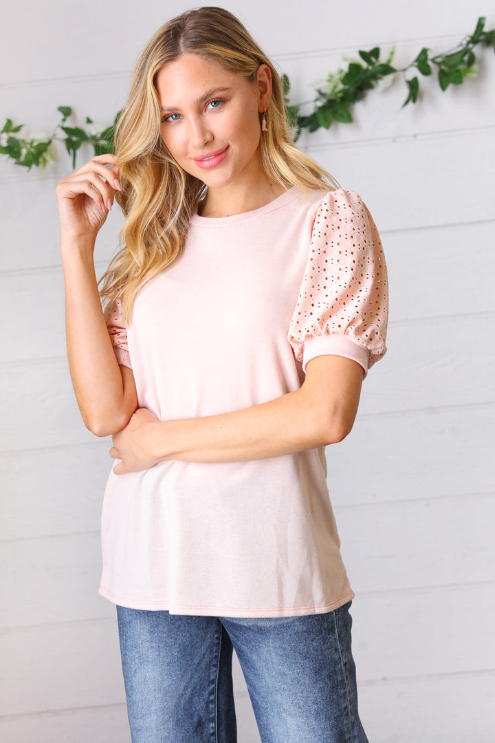 Peach Eyelet Puff Sleeve French Terry Top-Haptics-[option4]-[option5]-[option6]-[option7]-[option8]-Shop-Boutique-Clothing-for-Women-Online