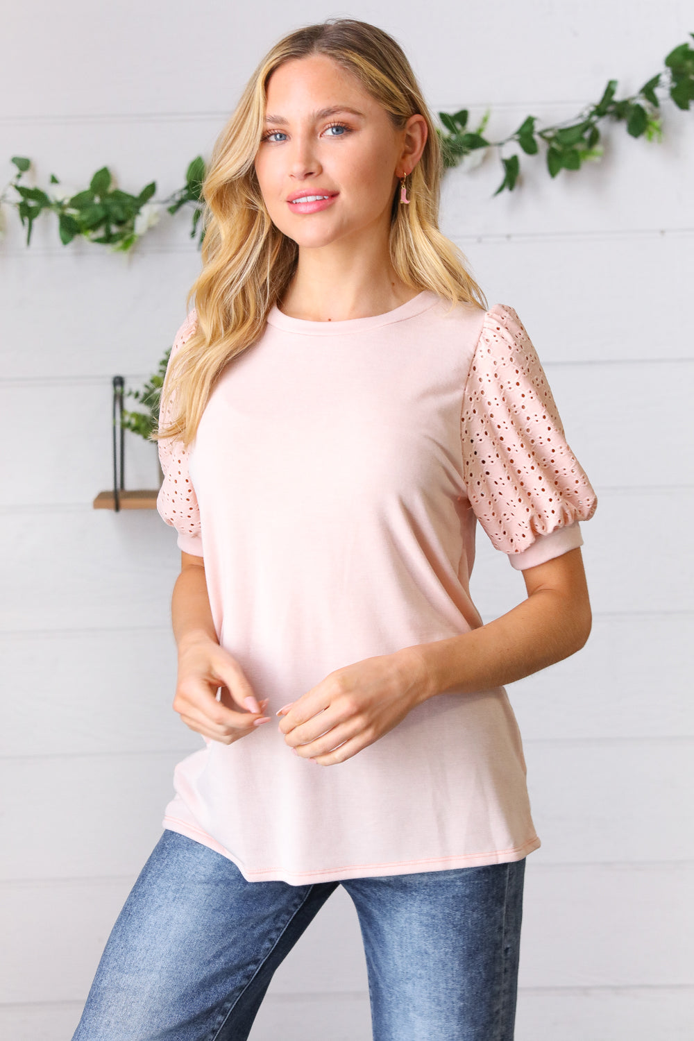 Peach Eyelet Puff Sleeve French Terry Top-Haptics-[option4]-[option5]-[option6]-[option7]-[option8]-Shop-Boutique-Clothing-for-Women-Online