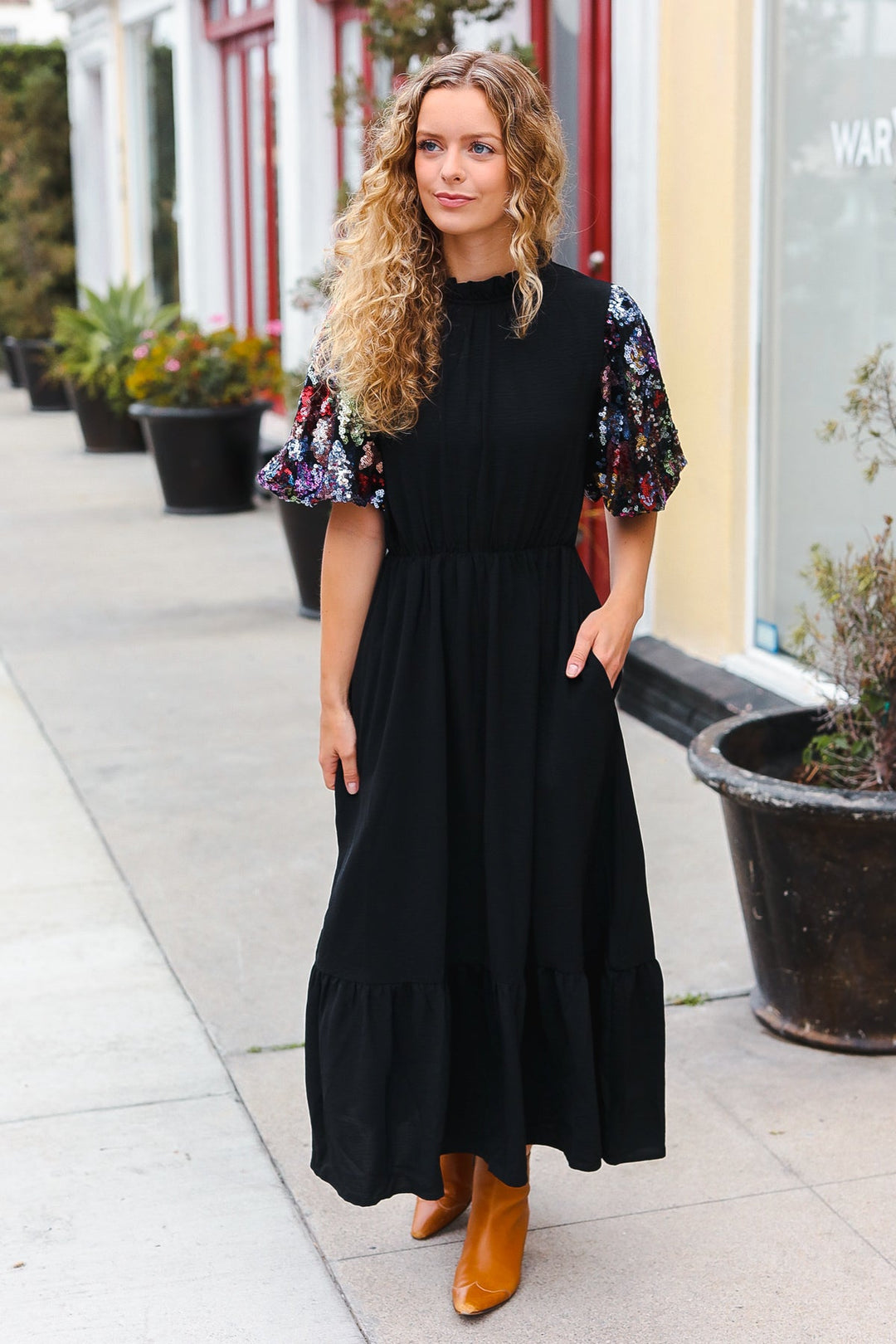 Black Floral Sequin Puff Sleeve Mock Neck Tiered Maxi Dress-Haptics-Small-[option4]-[option5]-[option6]-[option7]-[option8]-Shop-Boutique-Clothing-for-Women-Online