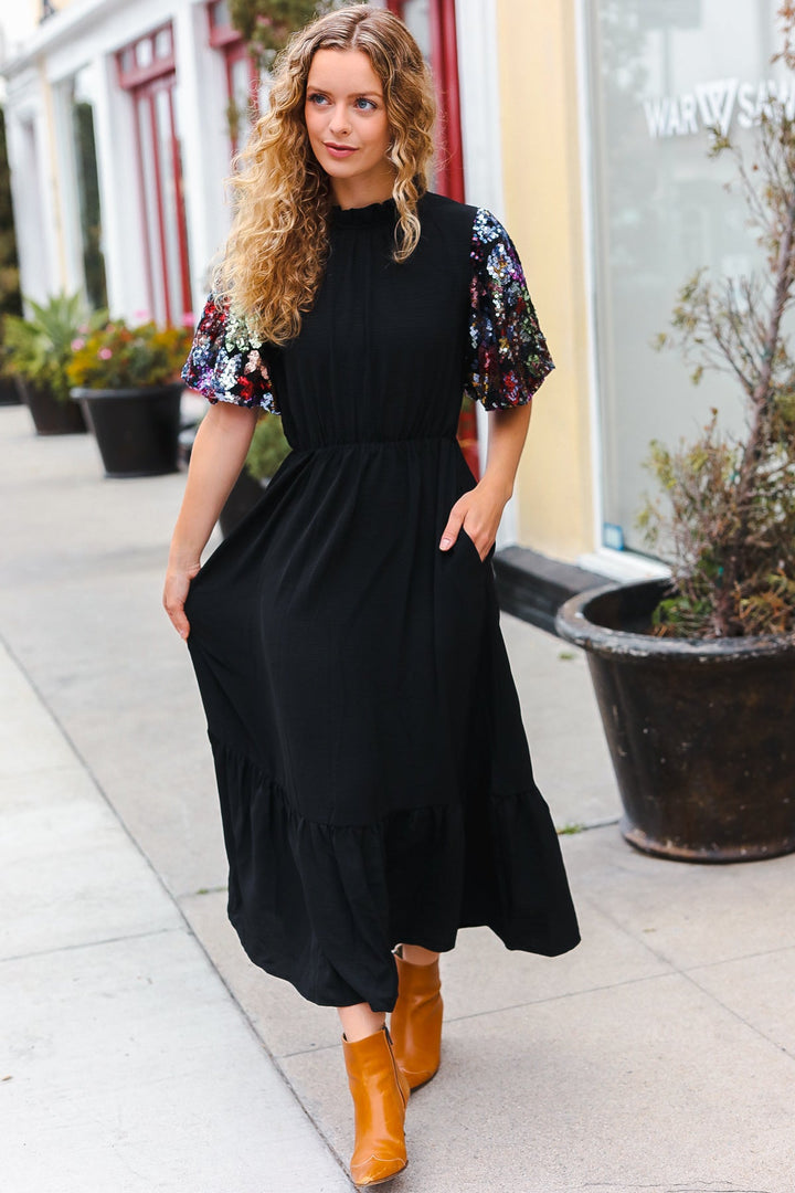 Black Floral Sequin Puff Sleeve Mock Neck Tiered Maxi Dress-Haptics-Small-[option4]-[option5]-[option6]-[option7]-[option8]-Shop-Boutique-Clothing-for-Women-Online