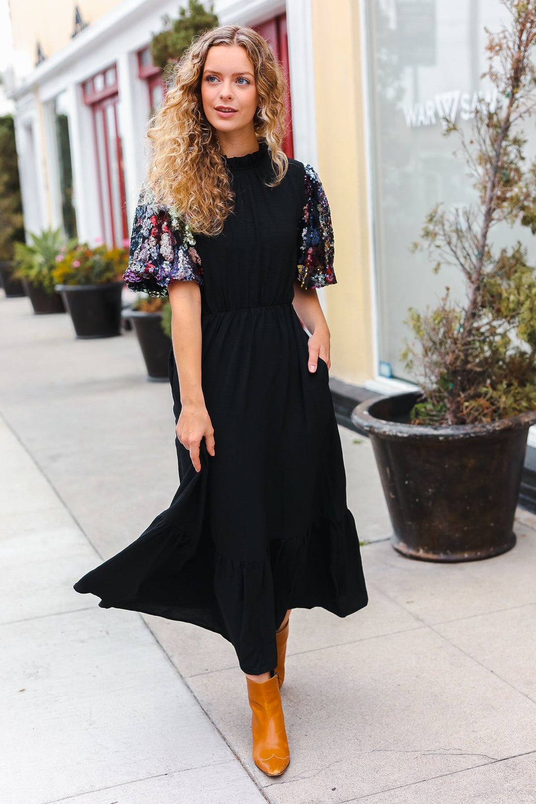 Black Floral Sequin Puff Sleeve Mock Neck Tiered Maxi Dress-Haptics-Small-[option4]-[option5]-[option6]-[option7]-[option8]-Shop-Boutique-Clothing-for-Women-Online