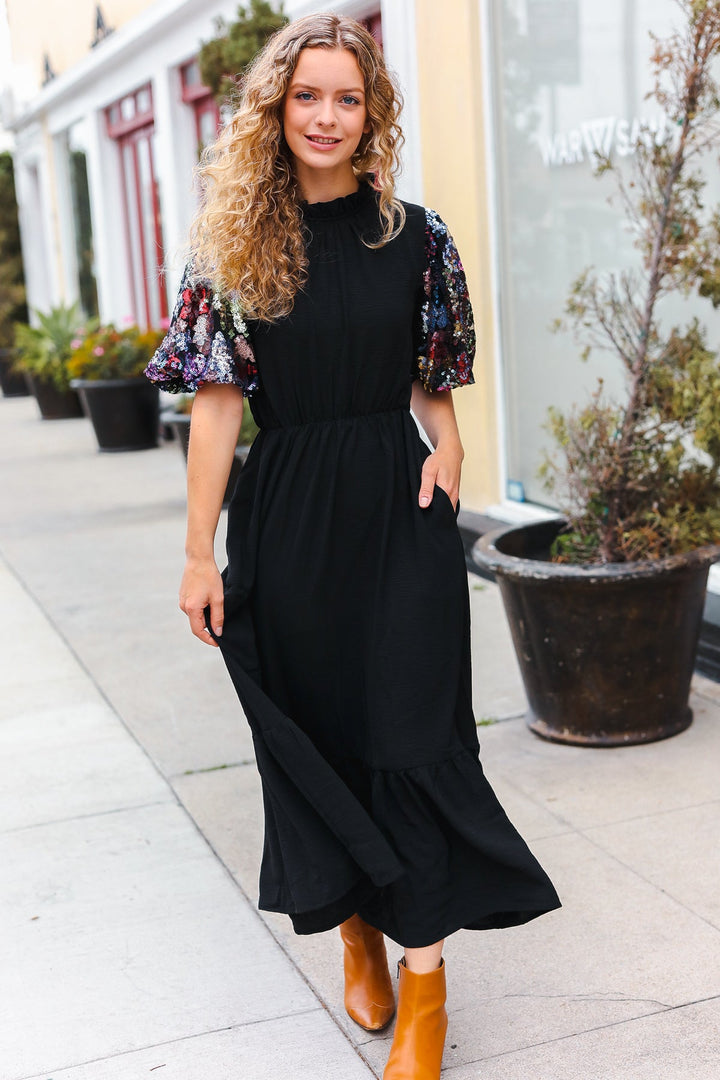 Black Floral Sequin Puff Sleeve Mock Neck Tiered Maxi Dress-Haptics-Small-[option4]-[option5]-[option6]-[option7]-[option8]-Shop-Boutique-Clothing-for-Women-Online