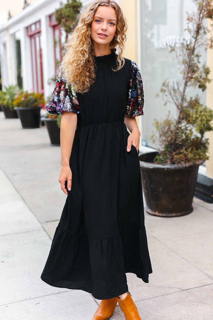 Black Floral Sequin Puff Sleeve Mock Neck Tiered Maxi Dress-Haptics-Small-[option4]-[option5]-[option6]-[option7]-[option8]-Shop-Boutique-Clothing-for-Women-Online