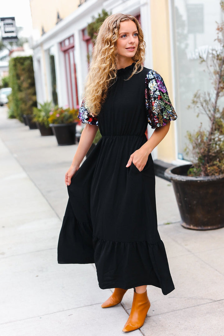 Black Floral Sequin Puff Sleeve Mock Neck Tiered Maxi Dress-Haptics-Small-[option4]-[option5]-[option6]-[option7]-[option8]-Shop-Boutique-Clothing-for-Women-Online