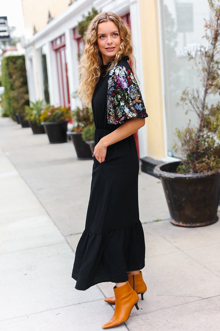 Black Floral Sequin Puff Sleeve Mock Neck Tiered Maxi Dress-Haptics-Small-[option4]-[option5]-[option6]-[option7]-[option8]-Shop-Boutique-Clothing-for-Women-Online